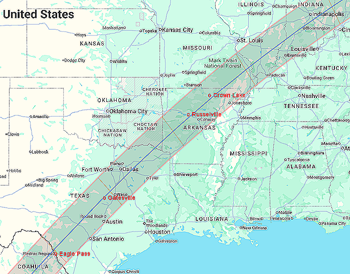 Path of the 2024 total solar eclipse across the south and central United States